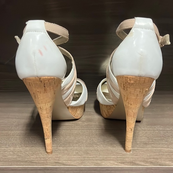 Strappy white and nude heels with cork platform. - Picture 5 of 6